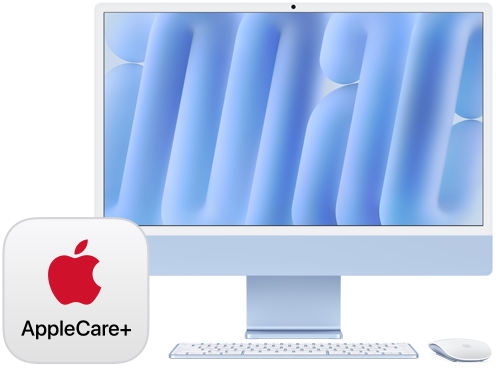 AppleCare+-badge, met iMac die naar voren is gericht, en een bijpassende Magic Keyboard en Magic Mouse