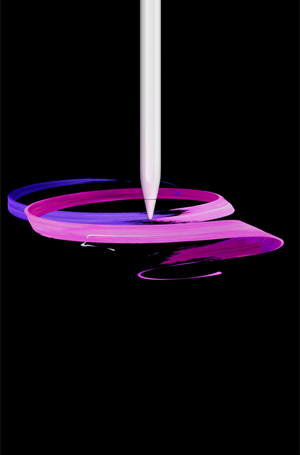 Vooraanzicht van Apple Pencil Pro, verticale stand, zijprofiel, kleur wit, tekening van abstract patroon van paarse en roze linten