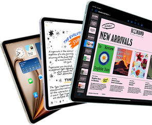Drie iPad Air-displays waarop features van iPadOS en diverse apps te zien zijn