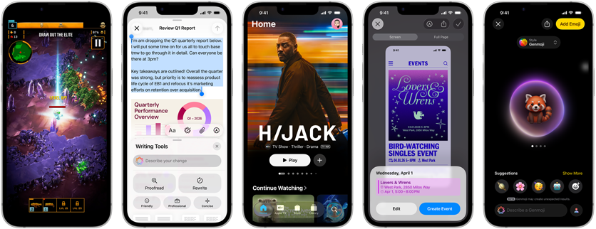 iPhone 17e-devices naast elkaar met verschillende schermen: een game die wordt gespeeld, Schrijfhulp, Apple TV-app, een agenda-activiteit wordt aangemaakt, een Genmoji wordt gemaakt