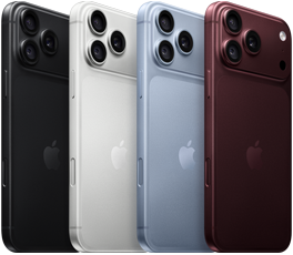 iPhone 18 Pro-modellen op een rij, achterkant, in de vier kleuren: Bordeauxrood, Gletsjer, Zilver, Zwart, Pro Fusion-camerasysteem linksboven, 3 lenzen, microfoon, flitser
