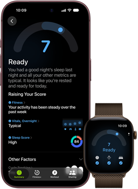 Vooraanzicht van iPhone 18 Pro in de kleur zwart met de resultaten van de Gereedheidsscore (score van 7), gekoppeld met een Apple Watch in bruine kleur, met dezelfde score van 7