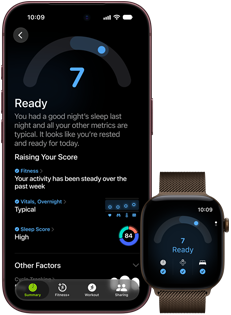 Vooraanzicht van iPhone 18 Pro in de kleur zwart met de resultaten van de Gereedheidsscore (score van 7), gekoppeld met een Apple Watch in bruine kleur, met dezelfde score van 7