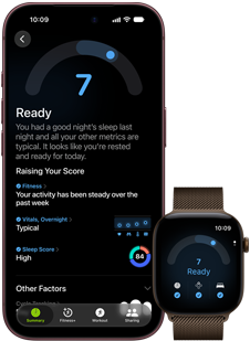 Vooraanzicht van iPhone 18 Pro in de kleur zwart met de resultaten van de Gereedheidsscore (score van 7), gekoppeld met een Apple Watch in bruine kleur, met dezelfde score van 7