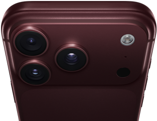 Achterkant van iPhone 18 Pro Max in de kleur Bordeauxrood (donkerrood), Pro Fusion-camerasysteem bovenaan, 3 lenzen, variabel diafragma met deels dichtgeklapte lamellen, flitser, microfoon en LiDAR-scanner, bovenkant, systeemantenne, platte zijkanten, afgeronde hoeken