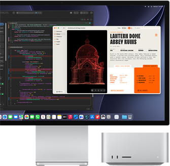 Studio Display XDR met een document in Claude Agent in Xcode, Mac Studio, vooraanzicht