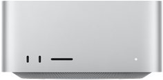 Voorkant van Mac Studio, twee USB‑C-poorten, SDXC-kaartsleuf, statuslampje, taps toelopende onderkant, platte bovenkant, afgeronde zijkanten, rechte randen, kleur zilver, achterkant van Mac Studio, ventilatievlakken van geperforeerd aluminium, vier Thunderbolt 5-poorten, één Ethernet-poort, één voedingspoort, twee USB‑A-poorten, één HDMI-poort, één mini‑jack-aansluiting en aan/uit-knop