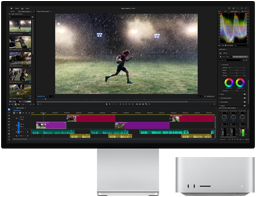 Studio Display XDR met geïntegreerde standaard, Mac Studio past perfect onder het scherm, tools voor videobewerking en kleurcorrectie op het scherm