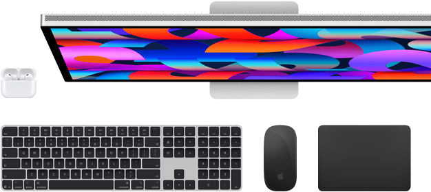 Collectie accessoires en devices, waaronder AirPods, Magic Keyboard met Touch ID, Magic Mouse, Magic Trackpad, Studio Display
