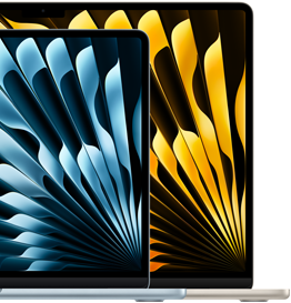 Twee MacBook Air-laptops ter illustratie van de relatieve display-afmetingen: 13,6 inch en 15,3 inch diagonaal gemeten