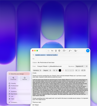 Scherm van MacBook Neo, met Apple Intelligence-feature Schrijfhulp in Mail om een lange alinea na te kijken in een e-mail met feedback over een publicatie