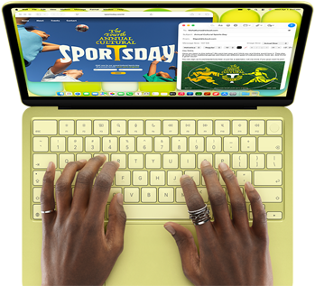 MacBook Neo, kleur Citrus, handen op toetsenbord, gebruiker stelt een e-mail op met een uitnodiging voor de opening van een sportevenement, website van het evenement is ernaast geopend