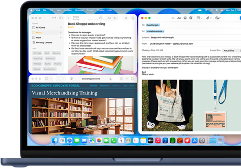 MacBook Neo, kleur Indigo, op het scherm wordt een e-mail opgesteld voor een nieuwe medewerker van een boekwinkel, in andere vensters staan een Notities-document over onboarding en de werknemersportal van de boekwinkel in Safari
