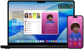 14‑inch MacBook Pro en iPhone 16 – Met de iPhone wordt gebeld naar een contactpersoon genaamd Luis, terwijl op de MacBook Pro hetzelfde gesprek in de Telefoon-app zichtbaar is