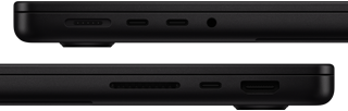 De poorten op MacBook Pro — linkerkant: MagSafe 3, twee Thunderbolt-poorten en mini‑jack-aansluiting — rechterkant: SDXC-kaartsleuf, één Thunderbolt-poort en HDMI