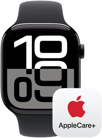 Het AppleCare+-logo naast een Apple Watch Series 10.