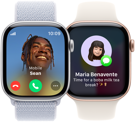 Een Apple Watch Series 10 waarop een telefoontje binnenkomt en een tweede Apple Watch Series 10 waarop een berichtje binnenkomt.